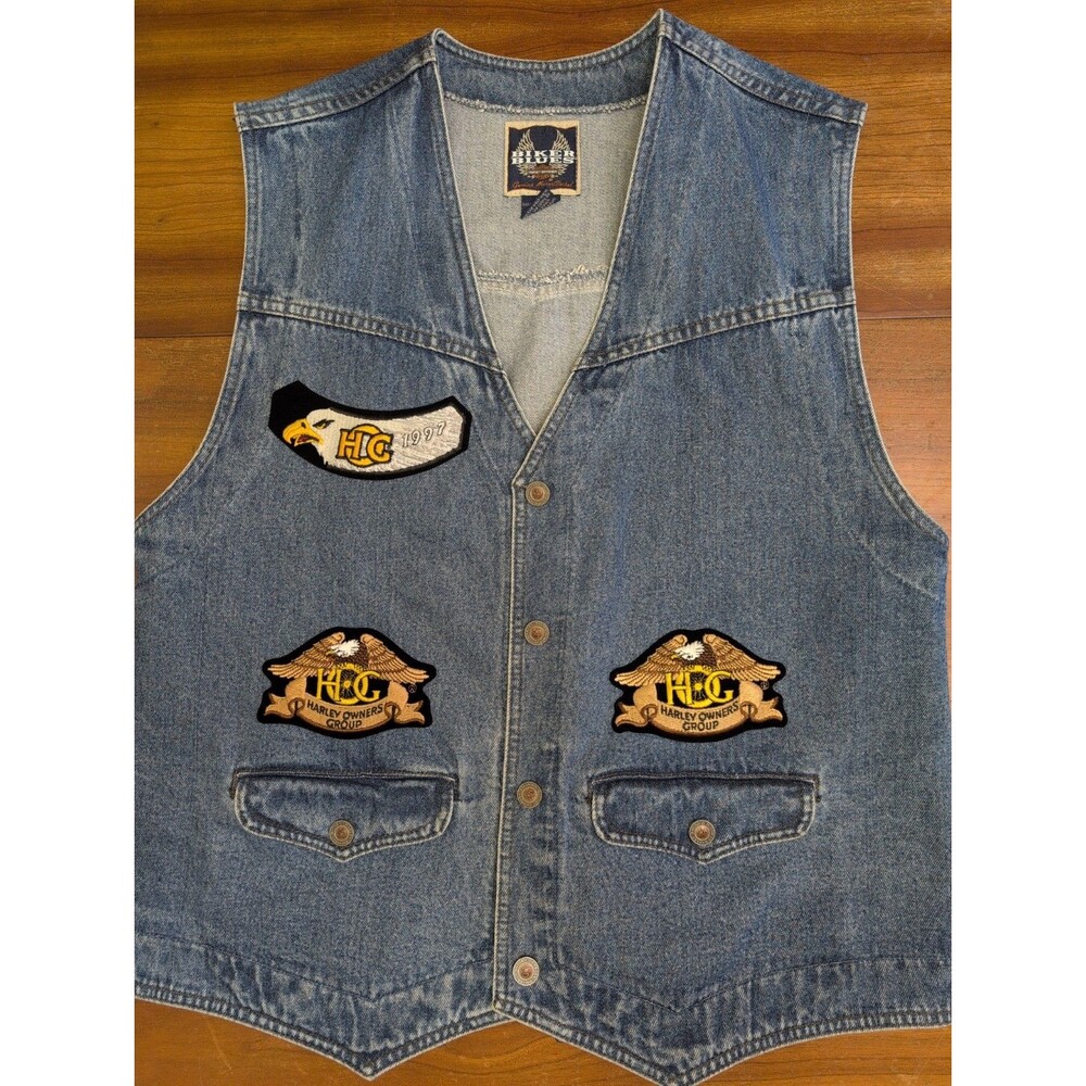 VTG Harley Davidson Biker Blues Vest Mens L Blue Denim Jean HOG Owners Patches**